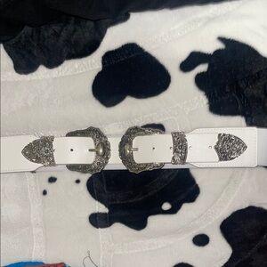 SHEIN White Double Buckle Western Belt with Silver Hardware